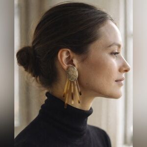 Sculptural Stone & Resin Fringe Clip Earrings – Modernist Earth Tone Statement